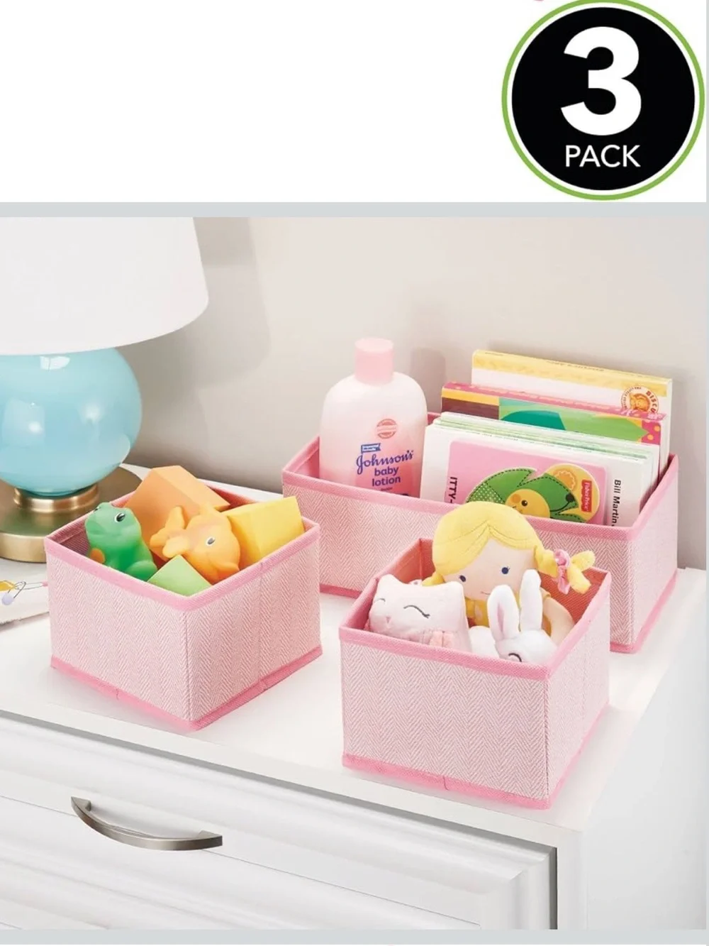 Pink Herringbone Fabric Storage Bin Baby Girl Organizer - Set of 3 NWT